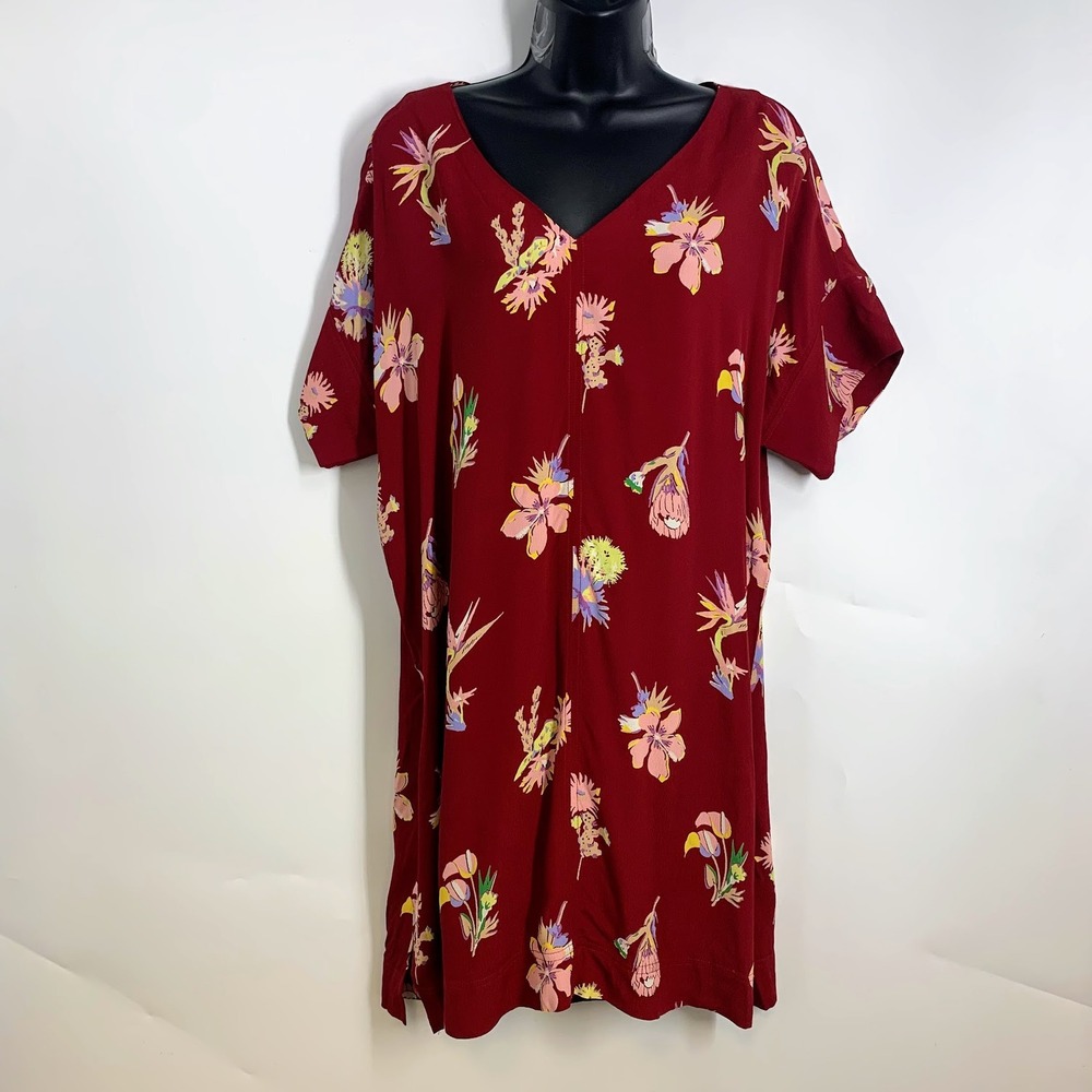 Madewell Womens Abstract Floral Print V Neck Short Sleeve Burgundy Casual Dress